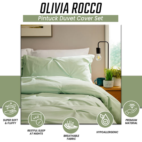 OLIVIA ROCCO Pintuck Sage Green Microfibre Duvet Cover Set With Pillowcases Easy Care