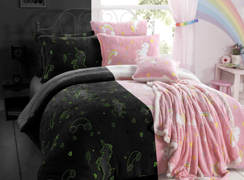 OLIVIA ROCCO Rainbow Unicorn Glow In The Dark Teddy Fleece Duvet Set For Kids Super Soft