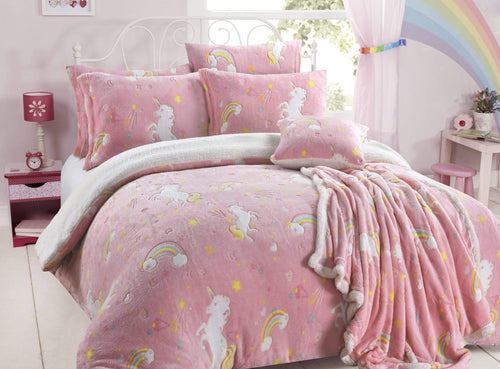 OLIVIA ROCCO Rainbow Unicorn Glow In The Dark Teddy Fleece Duvet Set For Kids Super Soft