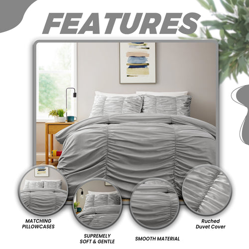 OLIVIA ROCCO Ruched Grey Microfibre Duvet Cover Set With Pillowcases Easy Care Bedroom Refresh Easy-Care Comfort