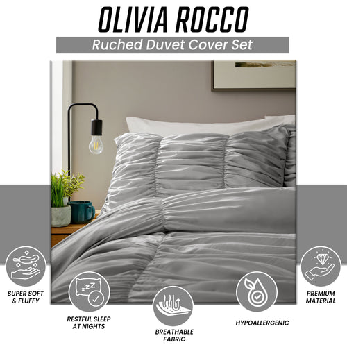 OLIVIA ROCCO Ruched Grey Microfibre Duvet Cover Set With Pillowcases Easy Care Bedroom Refresh Easy-Care Comfort