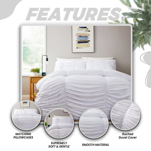 OLIVIA ROCCO Ruched White Microfibre Duvet Cover Set With Pillowcases Ruffle Bedding