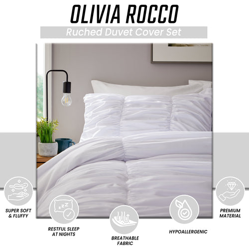 OLIVIA ROCCO Ruched White Microfibre Duvet Cover Set With Pillowcases Ruffle Bedding