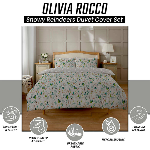 OLIVIA ROCCO Snowy Reindeers Reversible Duvet Cover Set With Pillowcases Polycotton