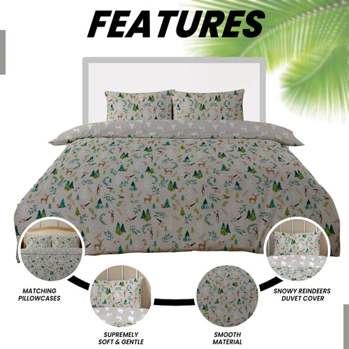OLIVIA ROCCO Snowy Reindeers Reversible Duvet Cover Set With Pillowcases Polycotton