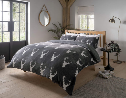 OLIVIA ROCCO Stag Teddy Reversible Duvet Set Charcoal Grey Faux Fur Ultra Soft OEKO-TEX