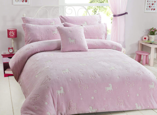 OLIVIA ROCCO Unicorn Glow In The Dark Teddy Duvet Set Pink For Kids OEKO-TEX Certified