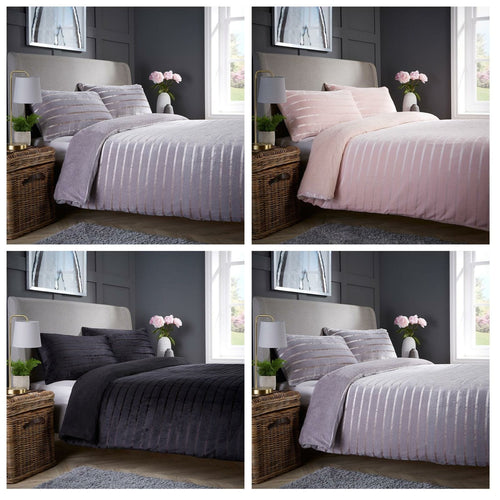 OLIVIA ROCCO Satin Stripe Reversible Faux Fur Teddy Duvet Cover Set Super Soft Easy Care