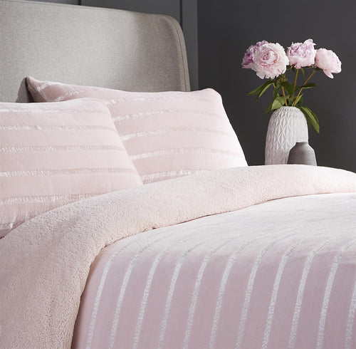 OLIVIA ROCCO Satin Stripe Reversible Faux Fur Teddy Duvet Cover Set Super Soft Easy Care