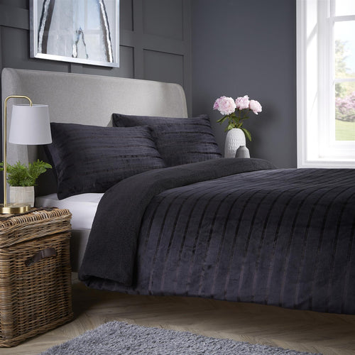 OLIVIA ROCCO Satin Stripe Reversible Faux Fur Teddy Duvet Cover Set Super Soft Easy Care
