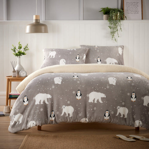 OLIVIA ROCCO Polar Bear And Penguin Teddy Fleece Duvet Set With Reversible Sherpa Fur