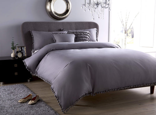 OLIVIA ROCCO Hand Stitched Pom Pom Duvet Set Cotton Rich Bedding In Multiple Sizes
