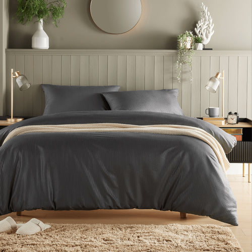 OLIVIA ROCCO Monaco Seersucker Duvet Cover Set Grey And White With Pillowcases For Single