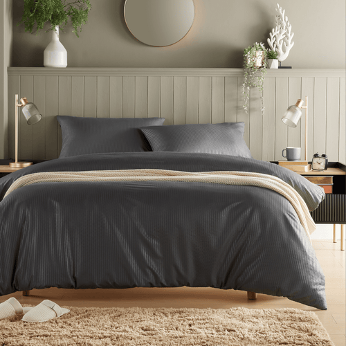 OLIVIA ROCCO Monaco Seersucker Duvet Cover Set Grey And White With Pillowcases For Single