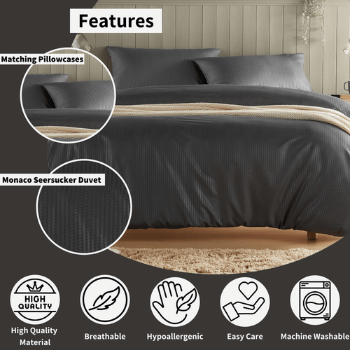 OLIVIA ROCCO Monaco Seersucker Duvet Cover Set Grey And White With Pillowcases For Single