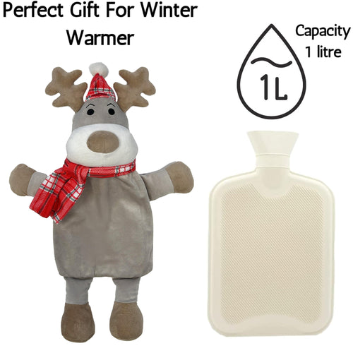 OLIVIA ROCCO Hot Water Bottle With Festive Reindeer Cover 1L Natural Rubber UK Safety