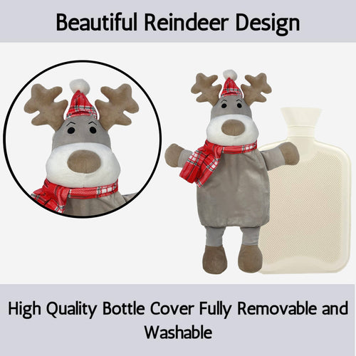 OLIVIA ROCCO Hot Water Bottle With Festive Reindeer Cover 1L Natural Rubber UK Safety