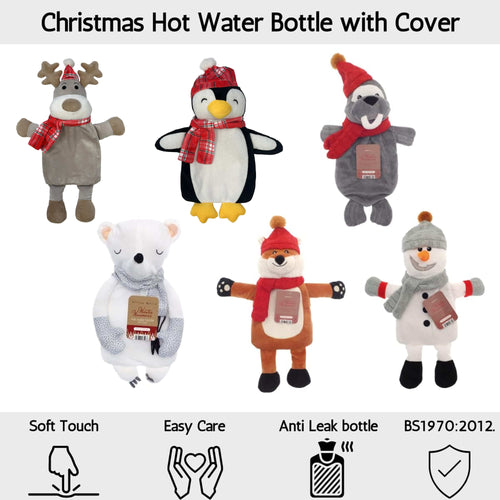 OLIVIA ROCCO Hot Water Bottle With Festive Reindeer Cover 1L Natural Rubber UK Safety
