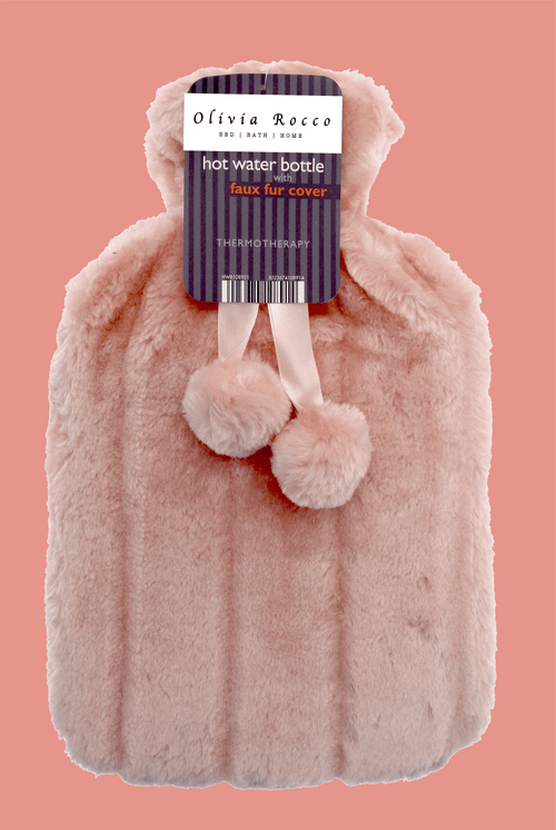 OLIVIA ROCCO Hot Water Bottle 2L With Faux Fur Pom Pom Cover Soft Plush Natural Rubber UK