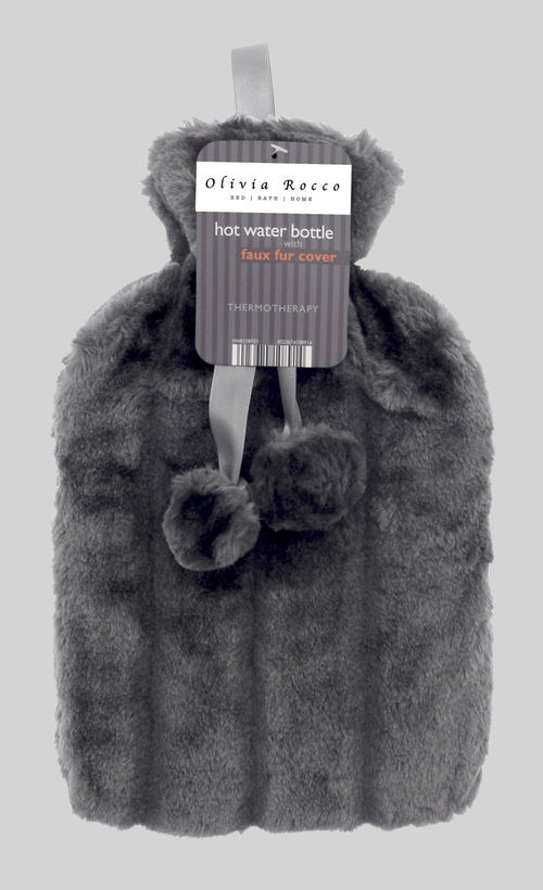 OLIVIA ROCCO Hot Water Bottle 2L With Faux Fur Pom Pom Cover Soft Plush Natural Rubber UK