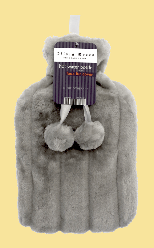 OLIVIA ROCCO Hot Water Bottle 2L With Faux Fur Pom Pom Cover Soft Plush Natural Rubber UK