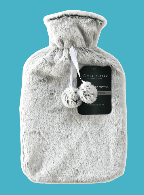 OLIVIA ROCCO Hot Water Bottle 2L With Faux Fur Pom Pom Cover Soft Plush Natural Rubber UK