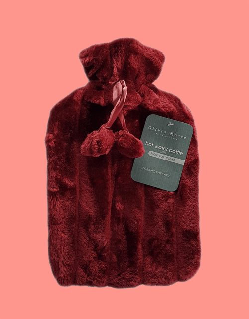 OLIVIA ROCCO Hot Water Bottle 2L With Faux Fur Pom Pom Cover Soft Plush Natural Rubber UK