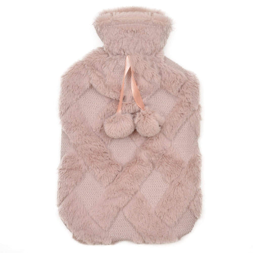 OLIVIA ROCCO Diamond Fleece Plush Hot Water Bottle 2L With Pom Poms Natural Rubber UK