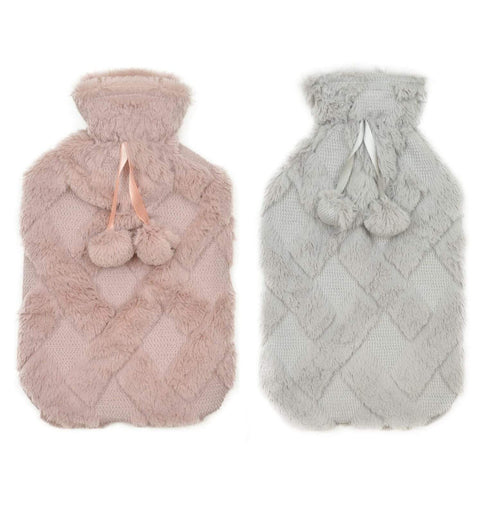 OLIVIA ROCCO Diamond Fleece Plush Hot Water Bottle 2L With Pom Poms Natural Rubber UK