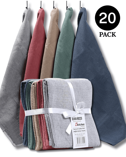 OLIVIA ROCCO 20 Pack Tea Towel Set Waffle Weave 100% Cotton Absorbent Durable Kitchen