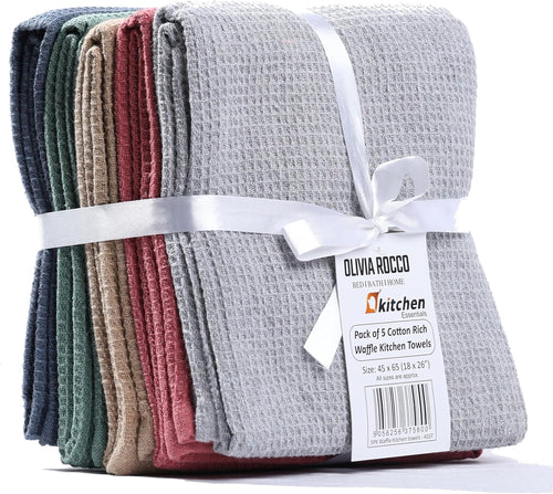 OLIVIA ROCCO 5 Pack Ultra Absorbent Waffle Kitchen Tea Towels Soft Cotton Assorted