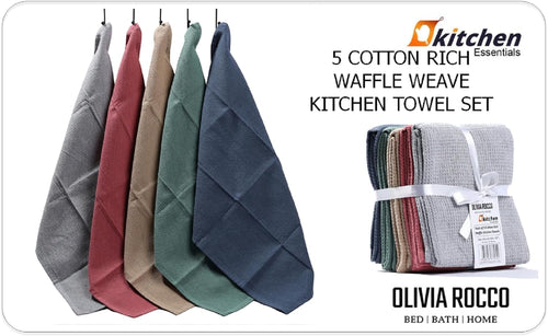 OLIVIA ROCCO 5 Pack Ultra Absorbent Waffle Kitchen Tea Towels Soft Cotton Assorted
