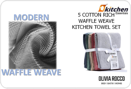 OLIVIA ROCCO 5 Pack Ultra Absorbent Waffle Kitchen Tea Towels Soft Cotton Assorted