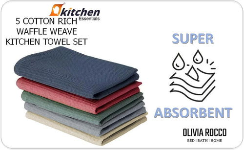 OLIVIA ROCCO 5 Pack Ultra Absorbent Waffle Kitchen Tea Towels Soft Cotton Assorted