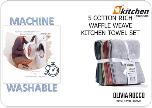 OLIVIA ROCCO 5 Pack Ultra Absorbent Waffle Kitchen Tea Towels Soft Cotton Assorted