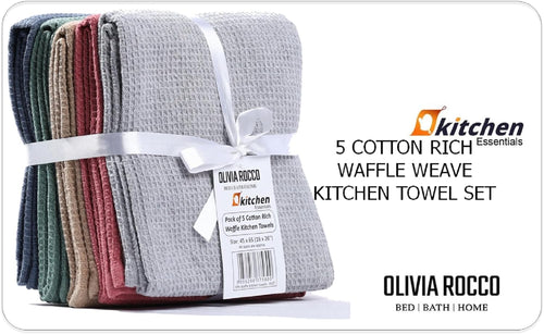 OLIVIA ROCCO 5 Pack Ultra Absorbent Waffle Kitchen Tea Towels Soft Cotton Assorted