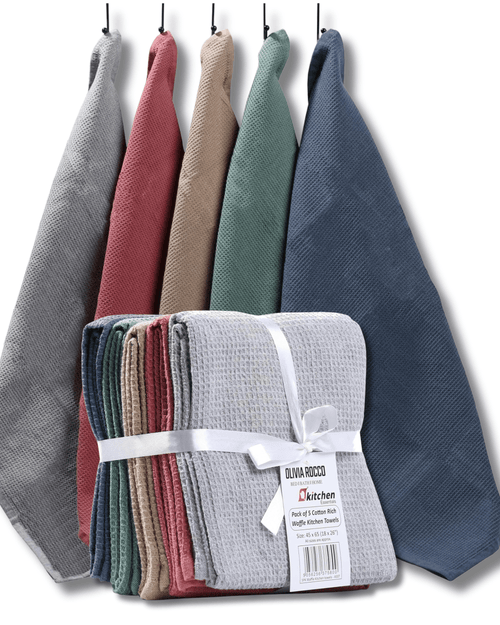 OLIVIA ROCCO 5 Pack Ultra Absorbent Waffle Kitchen Tea Towels Soft Cotton Assorted