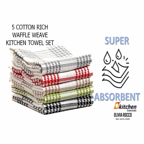 OLIVIA ROCCO Pack of 5 Houndstooth Cotton Tea Towels 45cm X 65cm Super Absorbent Quick
