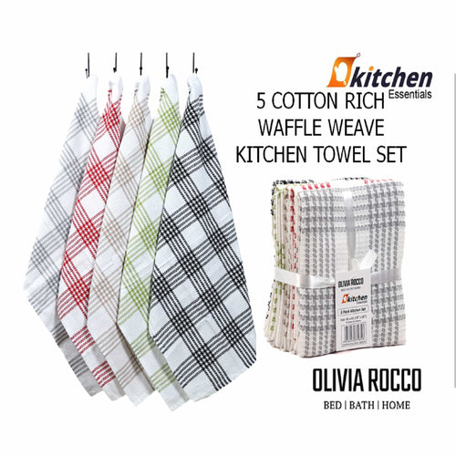 OLIVIA ROCCO Pack of 5 Houndstooth Cotton Tea Towels 45cm X 65cm Super Absorbent Quick