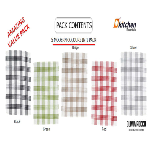 OLIVIA ROCCO Pack of 5 Houndstooth Cotton Tea Towels 45cm X 65cm Super Absorbent Quick
