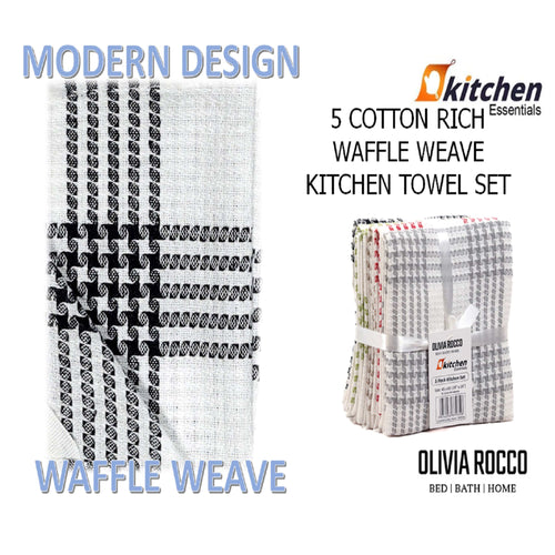 OLIVIA ROCCO Pack of 5 Houndstooth Cotton Tea Towels 45cm X 65cm Super Absorbent Quick