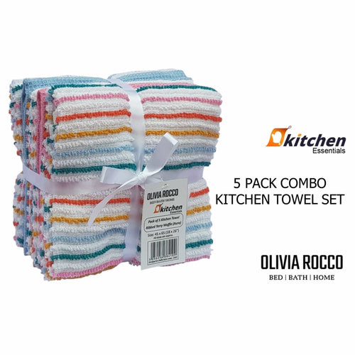 OLIVIA ROCCO 5 Pack Cotton Kitchen Tea Towels Striped Ribbed Waffle 45cm x 65cm Quick Dry