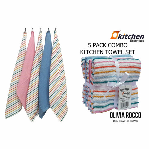OLIVIA ROCCO 5 Pack Cotton Kitchen Tea Towels Striped Ribbed Waffle 45cm x 65cm Quick Dry