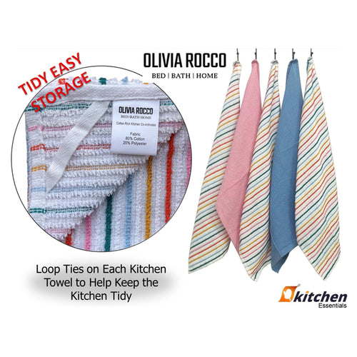 OLIVIA ROCCO 5 Pack Cotton Kitchen Tea Towels Striped Ribbed Waffle 45cm x 65cm Quick Dry