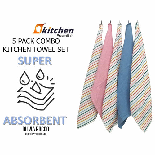 OLIVIA ROCCO 5 Pack Cotton Kitchen Tea Towels Striped Ribbed Waffle 45cm x 65cm Quick Dry