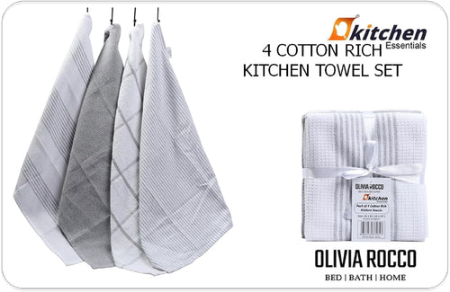 OLIVIA ROCCO Pack Of 4 Green Cotton Tea Towels 65x45 Cm High Absorbency Durable Super Soft Easy-Care Home Essential