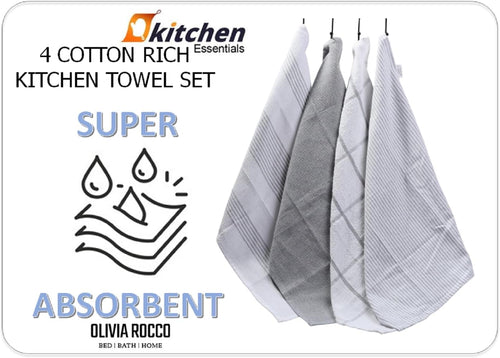 OLIVIA ROCCO Pack Of 4 Green Cotton Tea Towels 65x45 Cm High Absorbency Durable Super Soft Easy-Care Home Essential