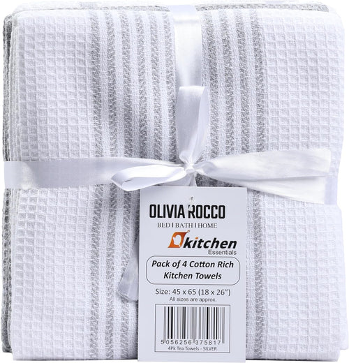OLIVIA ROCCO Pack Of 4 Green Cotton Tea Towels 65x45 Cm High Absorbency Durable Super Soft Easy-Care Home Essential