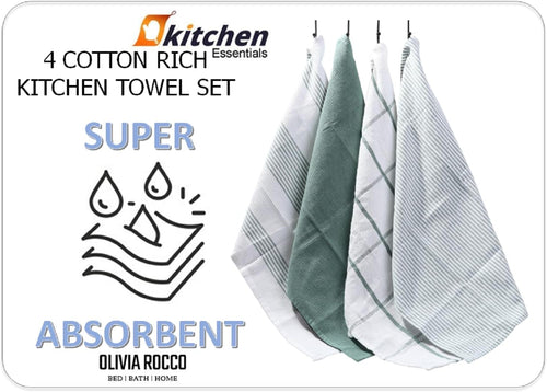 OLIVIA ROCCO Pack Of 4 Green Cotton Tea Towels 65x45 Cm High Absorbency Durable Super Soft Easy-Care Home Essential