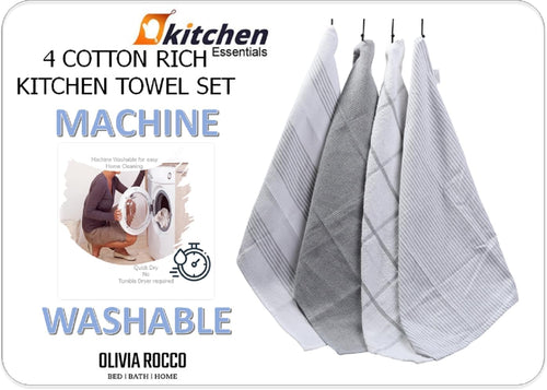 OLIVIA ROCCO Pack Of 4 Green Cotton Tea Towels 65x45 Cm High Absorbency Durable Super Soft Easy-Care Home Essential
